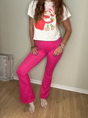 JoyLab Ribbed High-Rise Flare Pants - Hot Pink